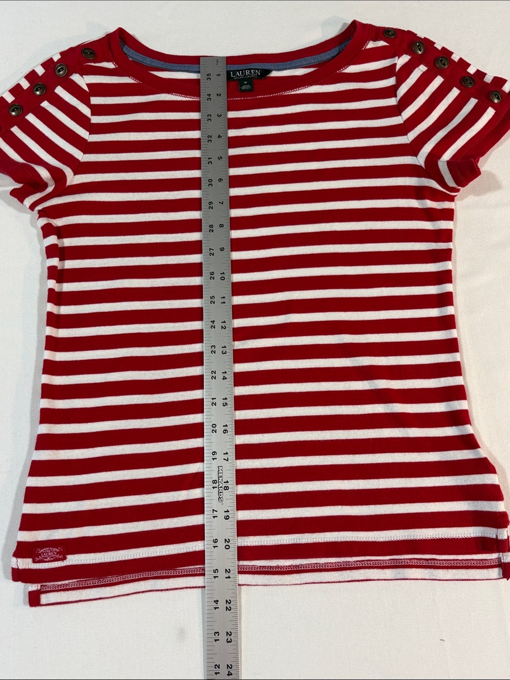 Lauren Ralph Lauren Short Sleeve Top Button-Sleeve Medium Red White Striped - Picture 10 of 13